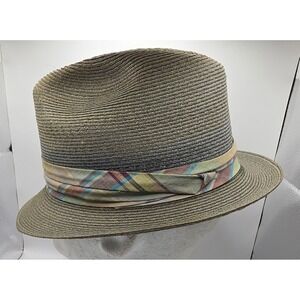Vintage Stetson Straw Panama Fedora Hat Gray Men's 7 1/8 Woven Pastel Plaid Band